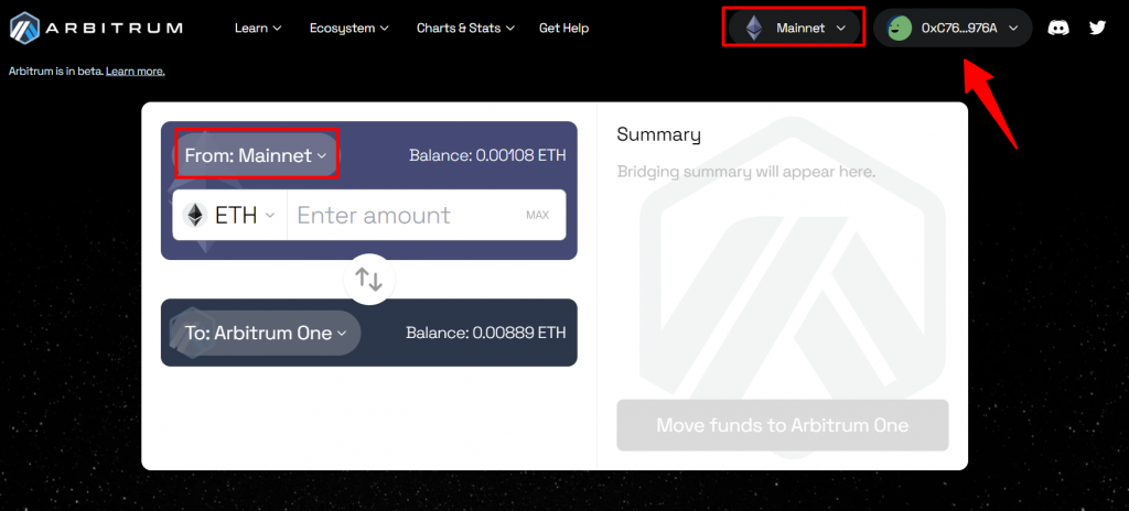 Connect wallet to Arbitrum bridge and select Ethereum Mainnet
